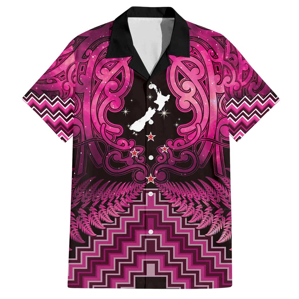 Personalised Aotearoa Matariki Family Matching Long Sleeve Bodycon Dress and Hawaiian Shirt Pink Fern Maori Poutama