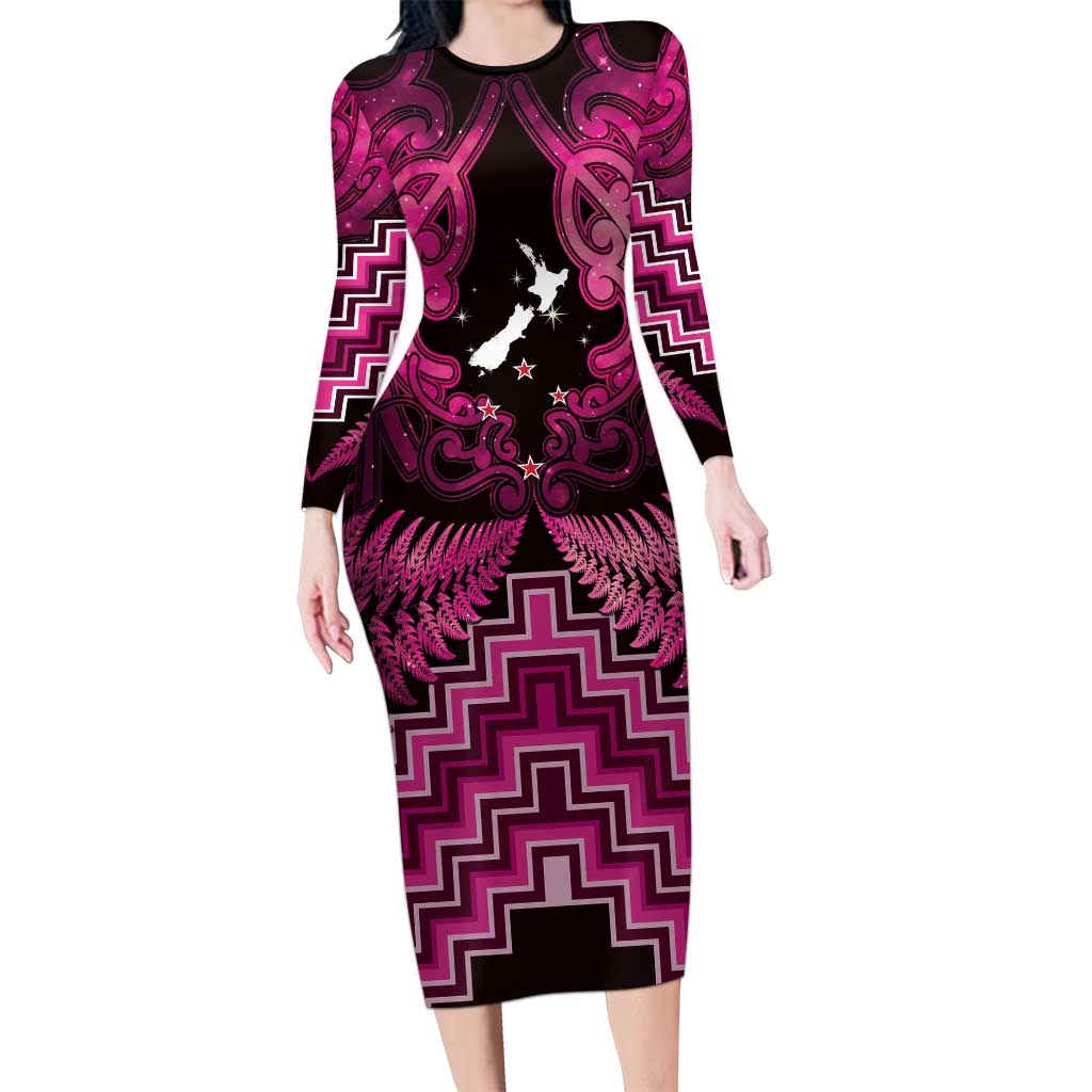 Personalised Aotearoa Matariki Family Matching Long Sleeve Bodycon Dress and Hawaiian Shirt Pink Fern Maori Poutama
