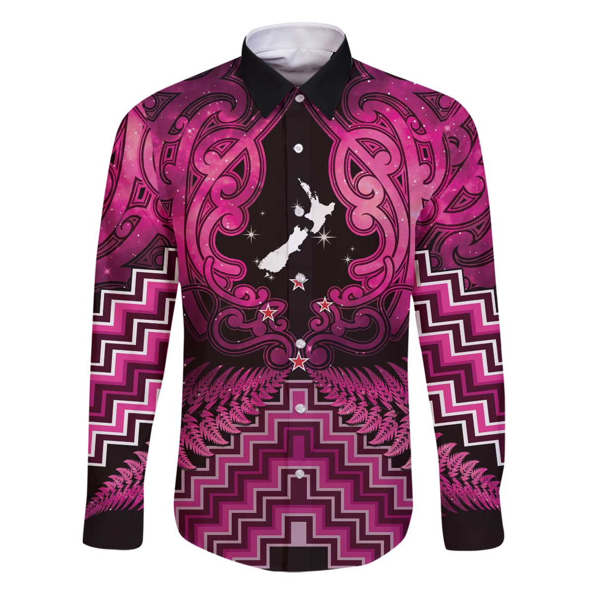 Personalised Aotearoa Matariki Family Matching Off The Shoulder Long Sleeve Dress and Hawaiian Shirt Pink Fern Maori Poutama