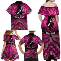 Personalised Aotearoa Matariki Family Matching Off Shoulder Maxi Dress and Hawaiian Shirt Pink Fern Maori Poutama
