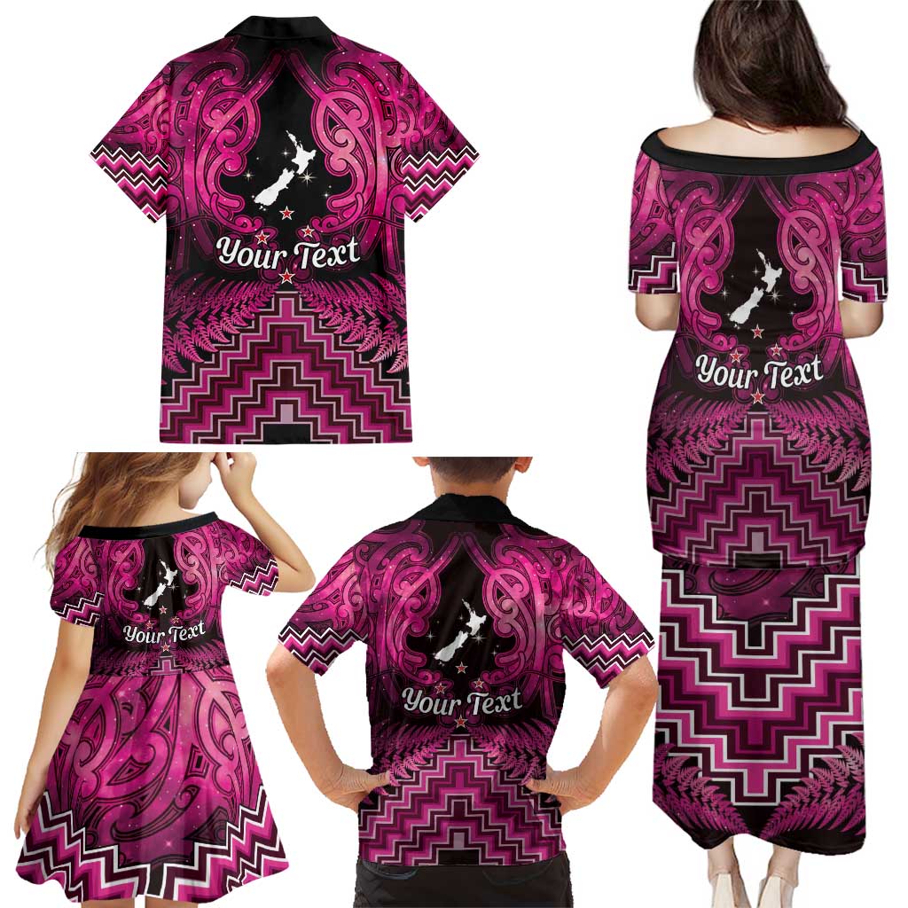 Personalised Aotearoa Matariki Family Matching Puletasi and Hawaiian Shirt Pink Fern Maori Poutama