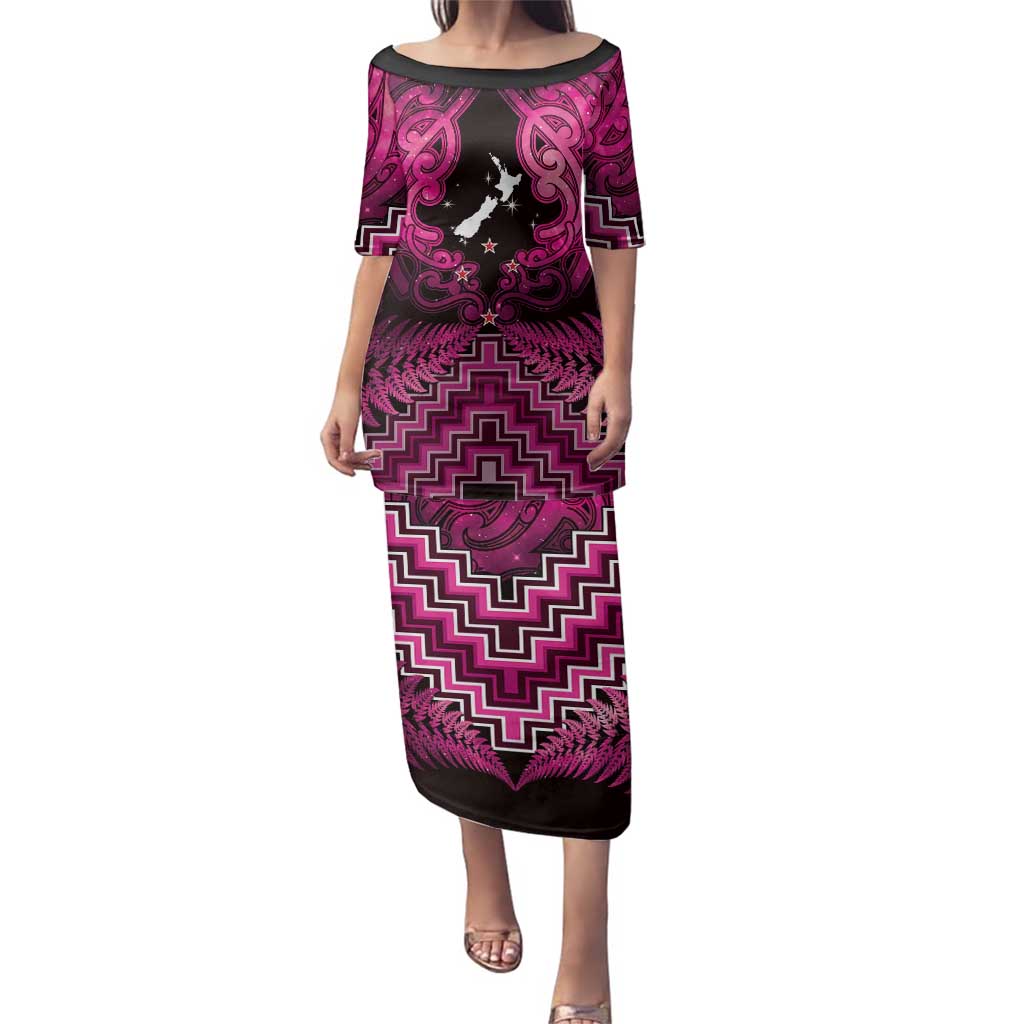 Personalised Aotearoa Matariki Family Matching Puletasi and Hawaiian Shirt Pink Fern Maori Poutama