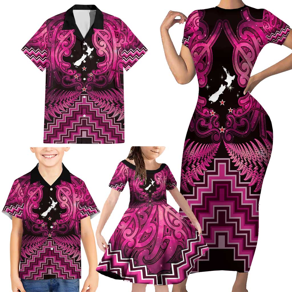 Personalised Aotearoa Matariki Family Matching Short Sleeve Bodycon Dress and Hawaiian Shirt Pink Fern Maori Poutama