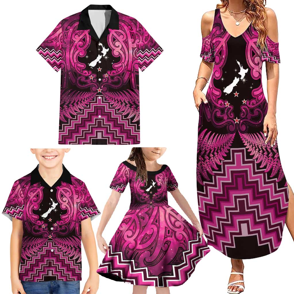 Personalised Aotearoa Matariki Family Matching Summer Maxi Dress and Hawaiian Shirt Pink Fern Maori Poutama