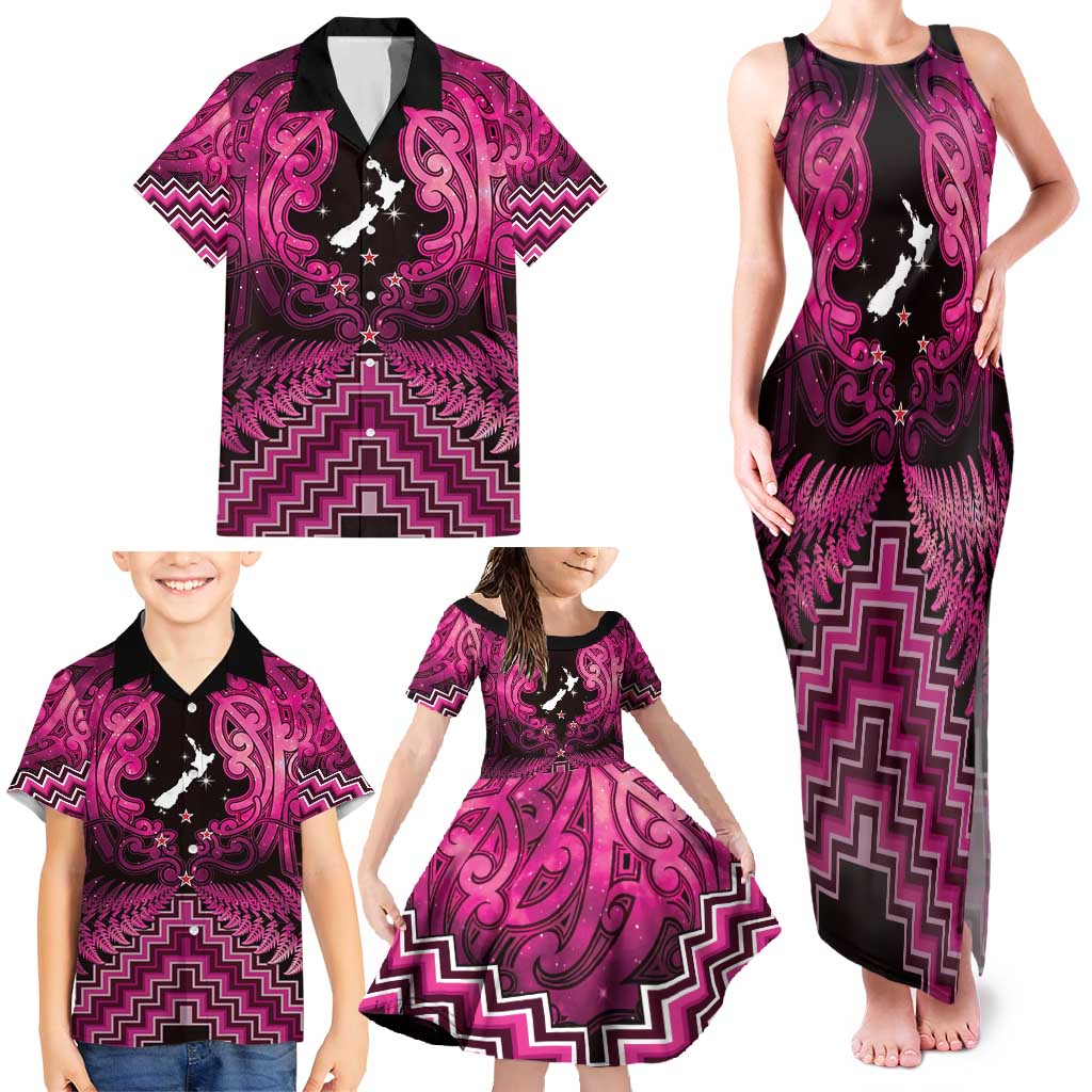 Personalised Aotearoa Matariki Family Matching Tank Maxi Dress and Hawaiian Shirt Pink Fern Maori Poutama