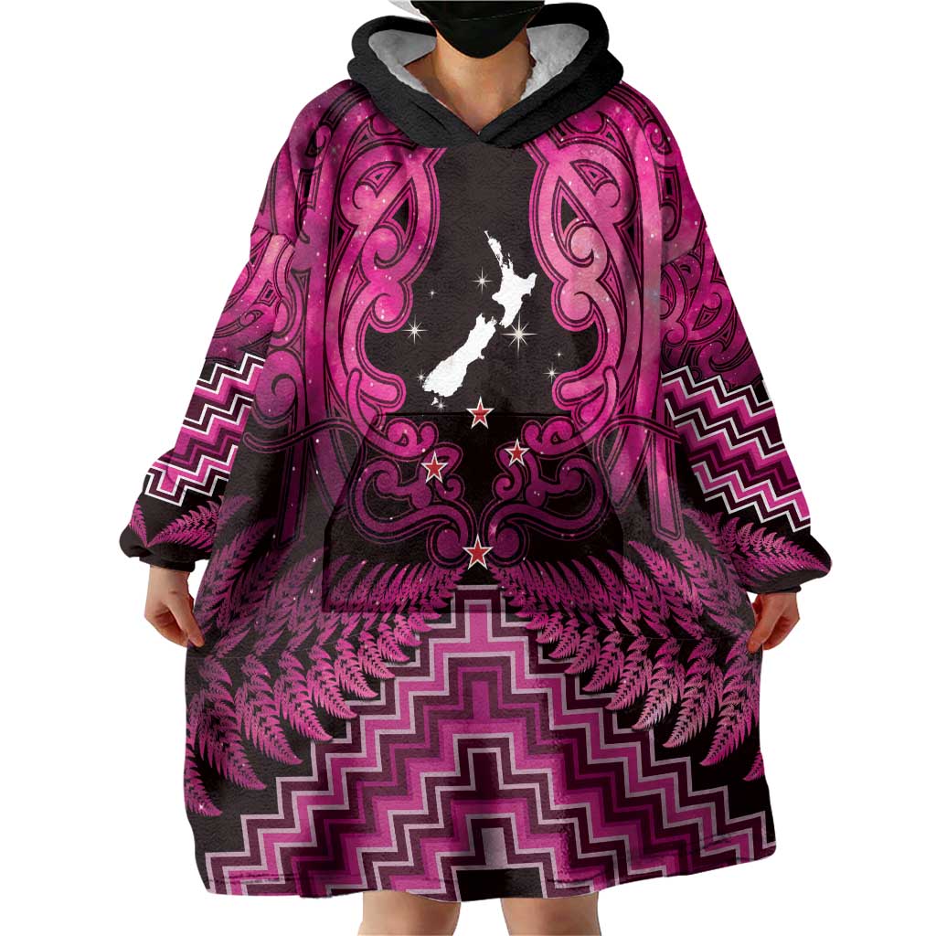 Personalised Aotearoa Matariki Wearable Blanket Hoodie Pink Fern Maori Poutama