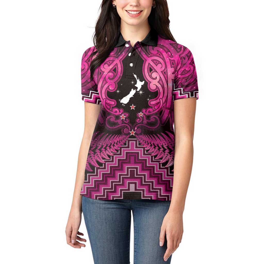 Personalised Aotearoa Matariki Women Polo Shirt Pink Fern Maori Poutama