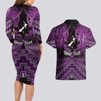 Personalised Aotearoa Matariki Couples Matching Long Sleeve Bodycon Dress and Hawaiian Shirt Purple Fern Maori Poutama