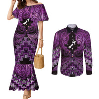 Personalised Aotearoa Matariki Couples Matching Mermaid Dress and Long Sleeve Button Shirt Purple Fern Maori Poutama