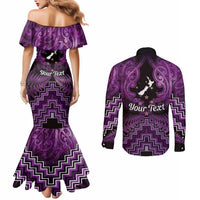 Personalised Aotearoa Matariki Couples Matching Mermaid Dress and Long Sleeve Button Shirt Purple Fern Maori Poutama