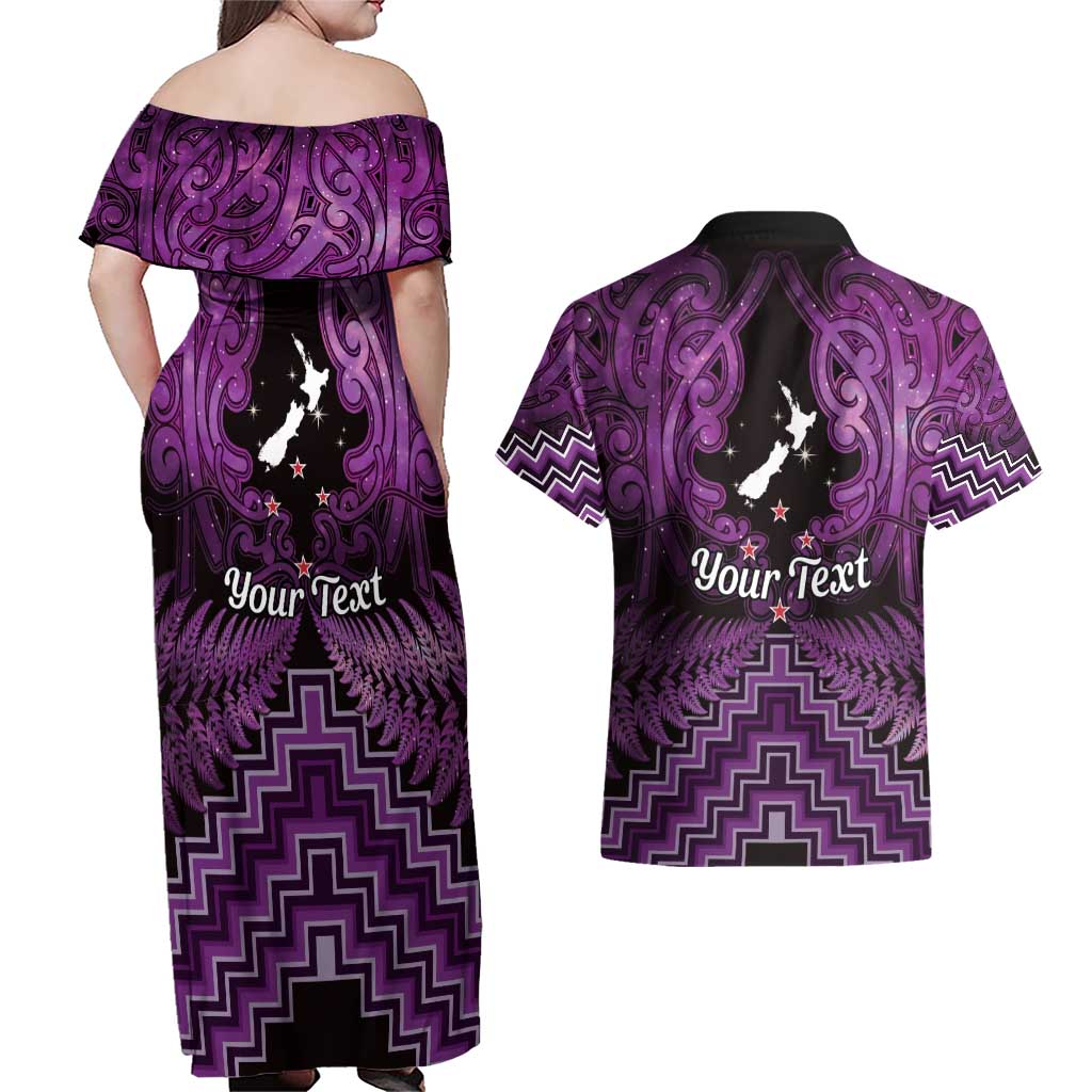 Personalised Aotearoa Matariki Couples Matching Off Shoulder Maxi Dress and Hawaiian Shirt Purple Fern Maori Poutama