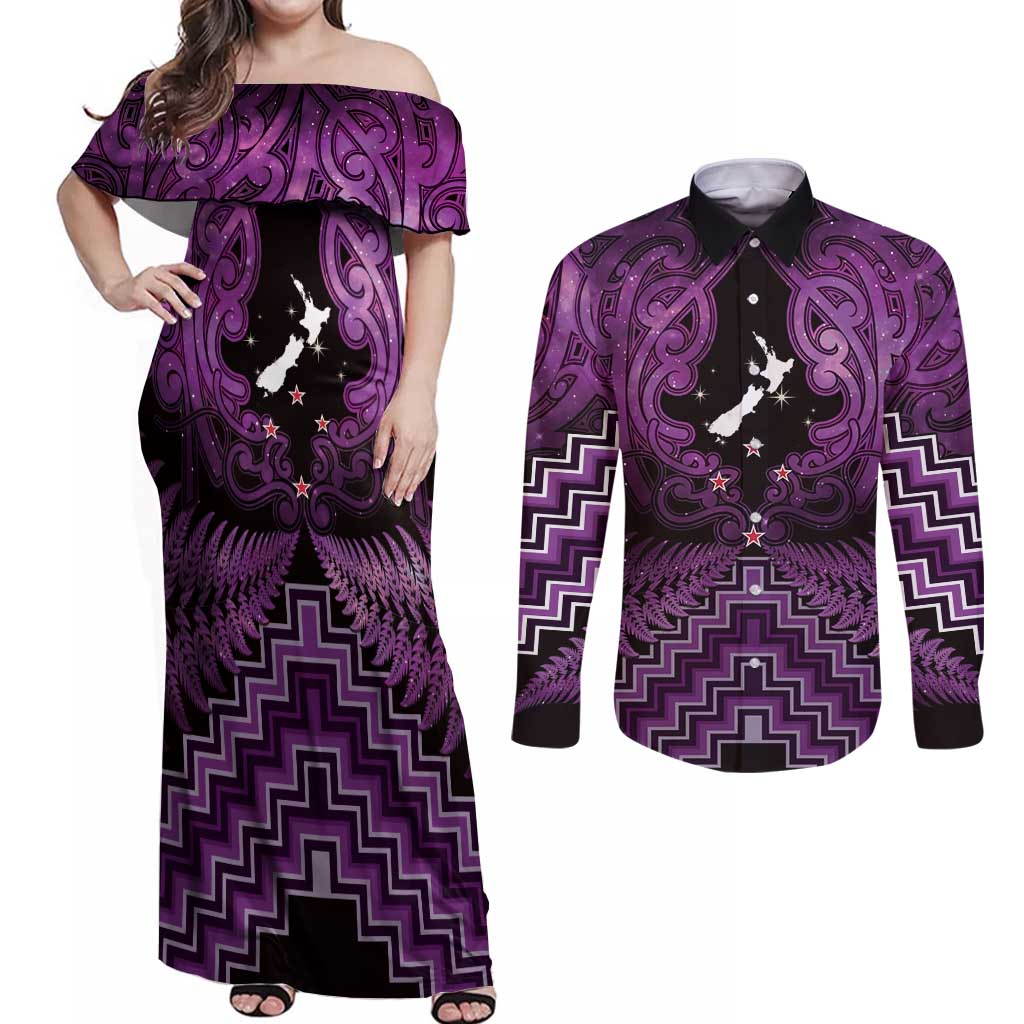Personalised Aotearoa Matariki Couples Matching Off Shoulder Maxi Dress and Long Sleeve Button Shirt Purple Fern Maori Poutama