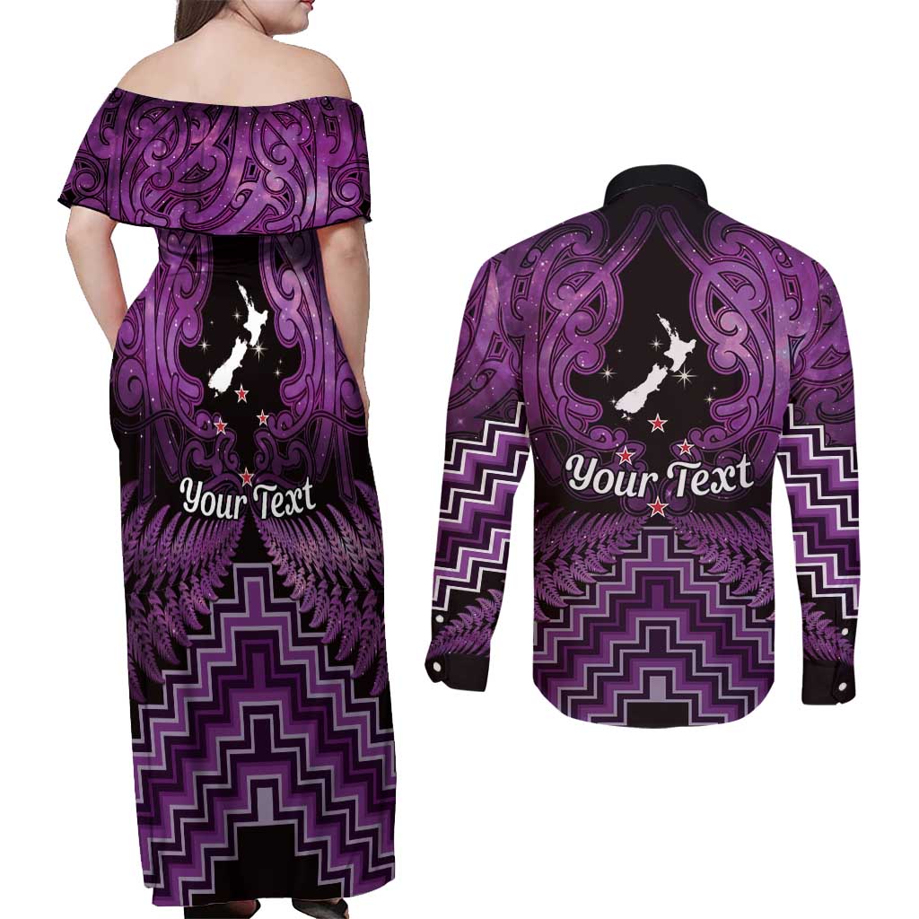 Personalised Aotearoa Matariki Couples Matching Off Shoulder Maxi Dress and Long Sleeve Button Shirt Purple Fern Maori Poutama