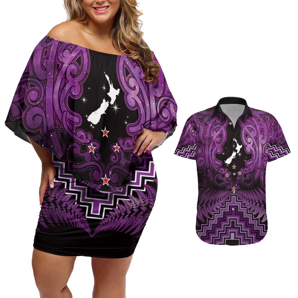 Personalised Aotearoa Matariki Couples Matching Off Shoulder Short Dress and Hawaiian Shirt Purple Fern Maori Poutama