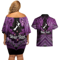 Personalised Aotearoa Matariki Couples Matching Off Shoulder Short Dress and Hawaiian Shirt Purple Fern Maori Poutama