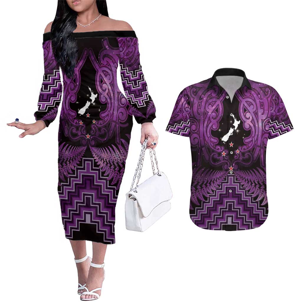Personalised Aotearoa Matariki Couples Matching Off The Shoulder Long Sleeve Dress and Hawaiian Shirt Purple Fern Maori Poutama