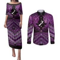 Personalised Aotearoa Matariki Couples Matching Puletasi and Long Sleeve Button Shirt Purple Fern Maori Poutama LT01 Purple - Polynesian Pride