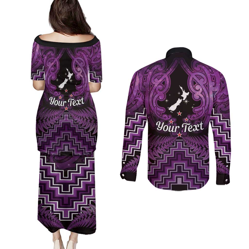 Personalised Aotearoa Matariki Couples Matching Puletasi and Long Sleeve Button Shirt Purple Fern Maori Poutama LT01 - Polynesian Pride