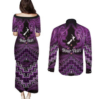 Personalised Aotearoa Matariki Couples Matching Puletasi and Long Sleeve Button Shirt Purple Fern Maori Poutama LT01 - Polynesian Pride