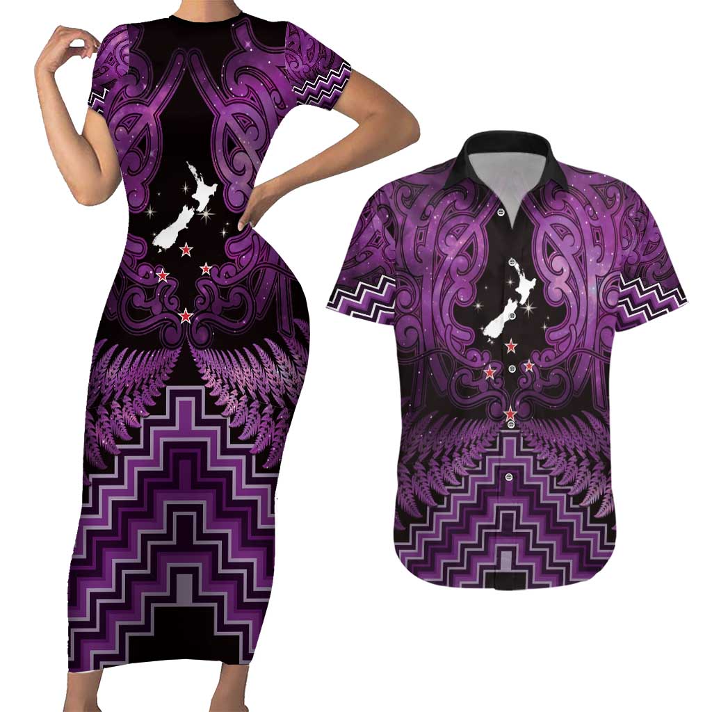 Personalised Aotearoa Matariki Couples Matching Short Sleeve Bodycon Dress and Hawaiian Shirt Purple Fern Maori Poutama