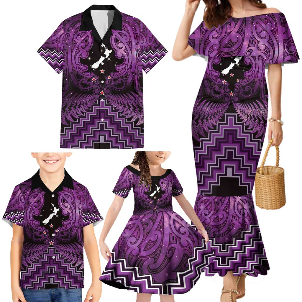 Personalised Aotearoa Matariki Family Matching Mermaid Dress and Hawaiian Shirt Purple Fern Maori Poutama