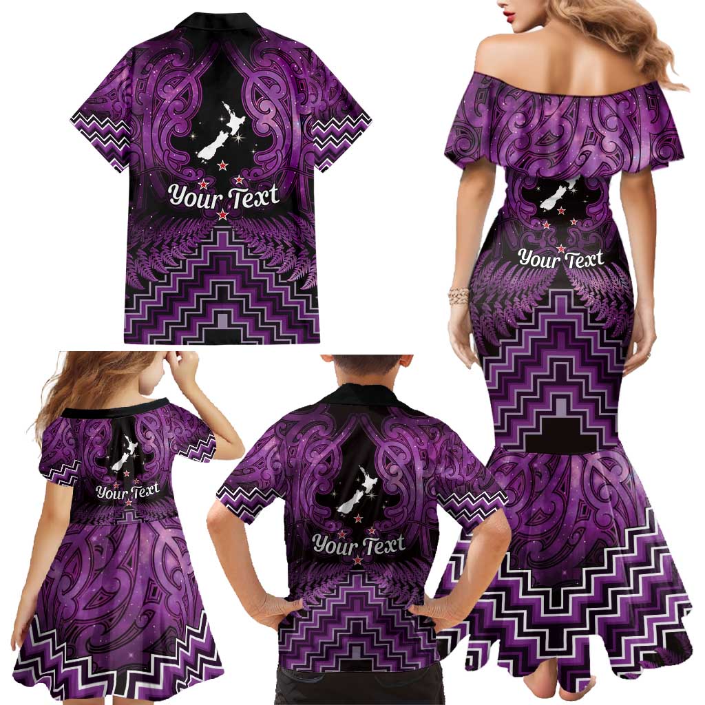 Personalised Aotearoa Matariki Family Matching Mermaid Dress and Hawaiian Shirt Purple Fern Maori Poutama