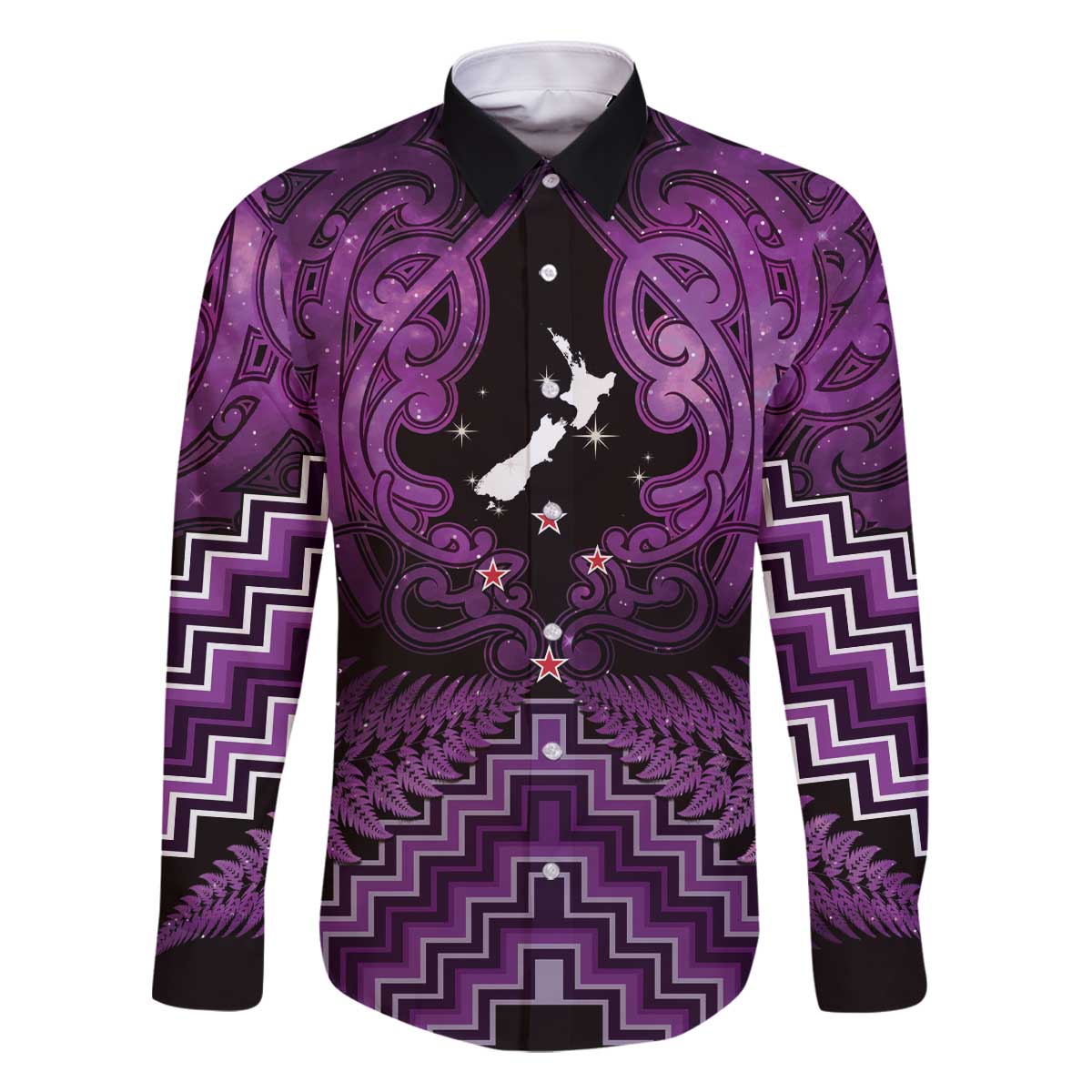 Personalised Aotearoa Matariki Family Matching Off The Shoulder Long Sleeve Dress and Hawaiian Shirt Purple Fern Maori Poutama