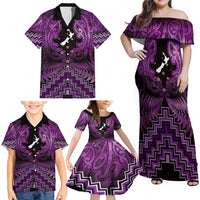 Personalised Aotearoa Matariki Family Matching Off Shoulder Maxi Dress and Hawaiian Shirt Purple Fern Maori Poutama