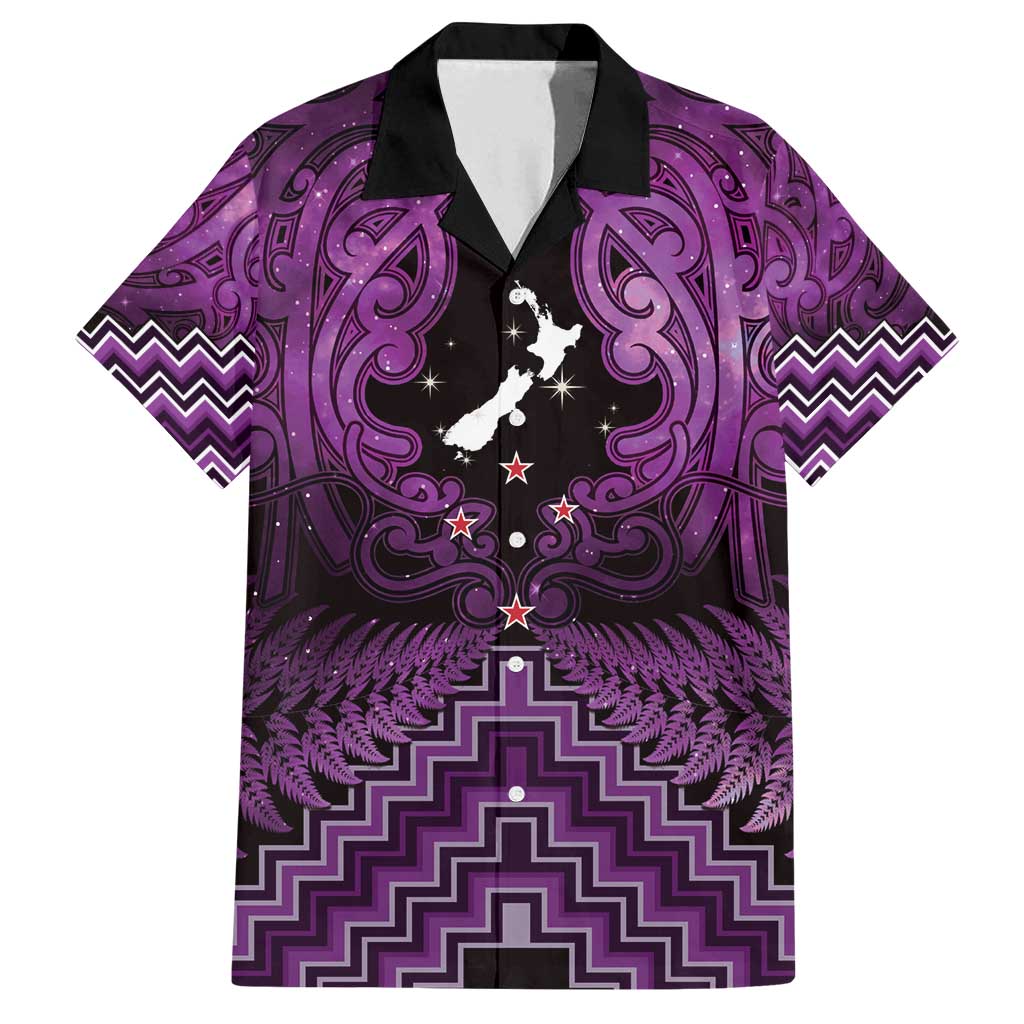 Personalised Aotearoa Matariki Family Matching Off Shoulder Maxi Dress and Hawaiian Shirt Purple Fern Maori Poutama