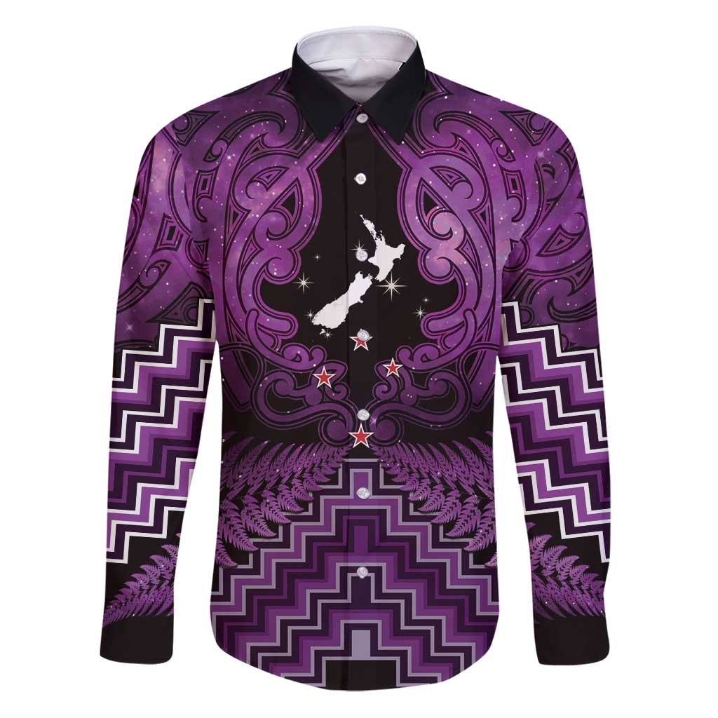 Personalised Aotearoa Matariki Family Matching Puletasi and Hawaiian Shirt Purple Fern Maori Poutama