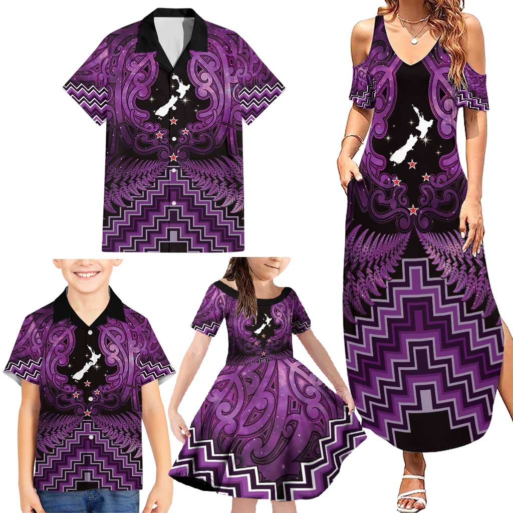 Personalised Aotearoa Matariki Family Matching Summer Maxi Dress and Hawaiian Shirt Purple Fern Maori Poutama