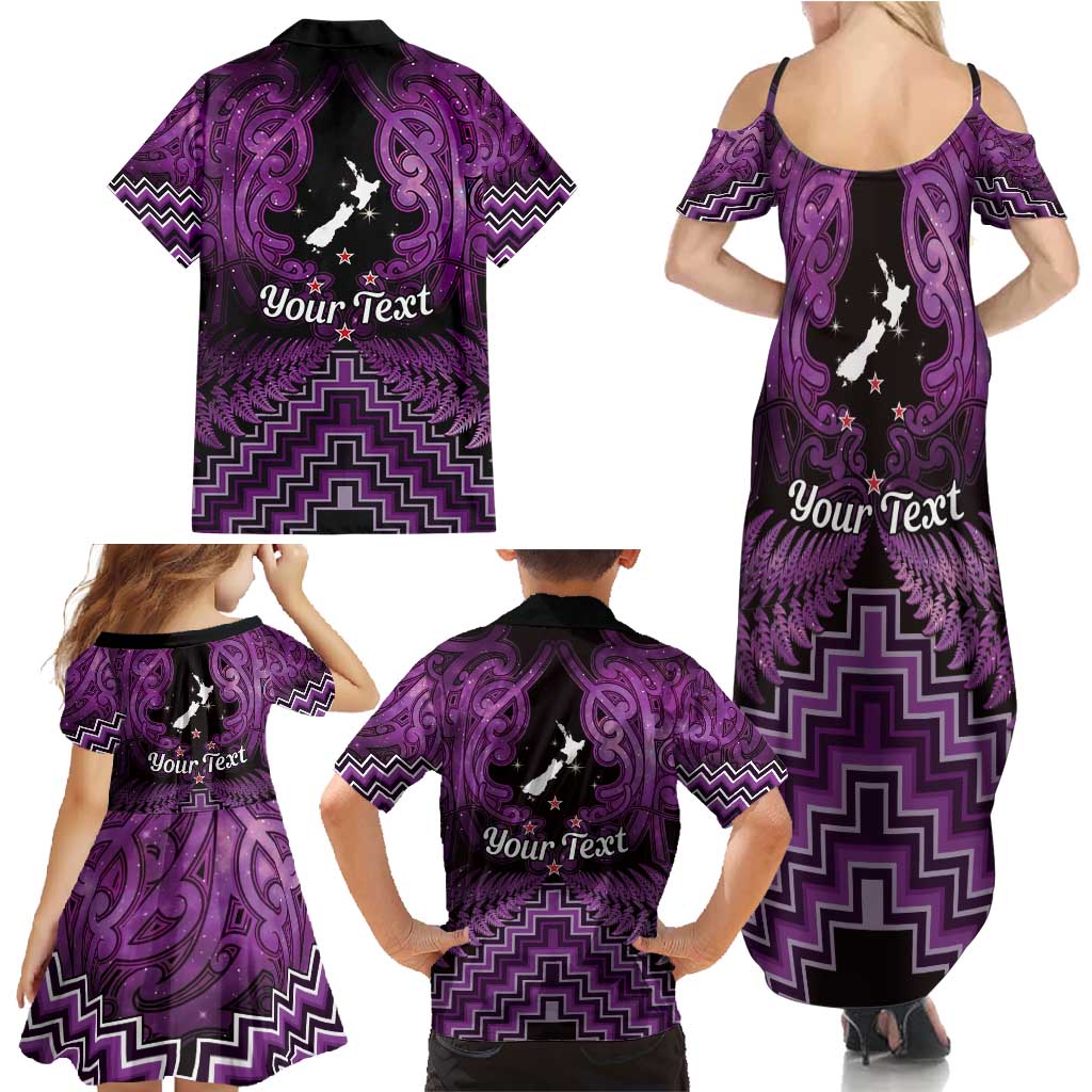 Personalised Aotearoa Matariki Family Matching Summer Maxi Dress and Hawaiian Shirt Purple Fern Maori Poutama