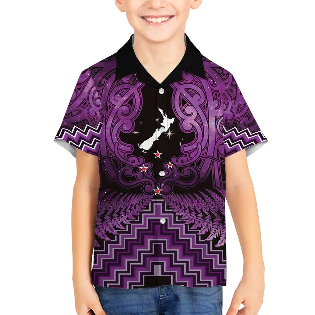 Personalised Aotearoa Matariki Family Matching Summer Maxi Dress and Hawaiian Shirt Purple Fern Maori Poutama