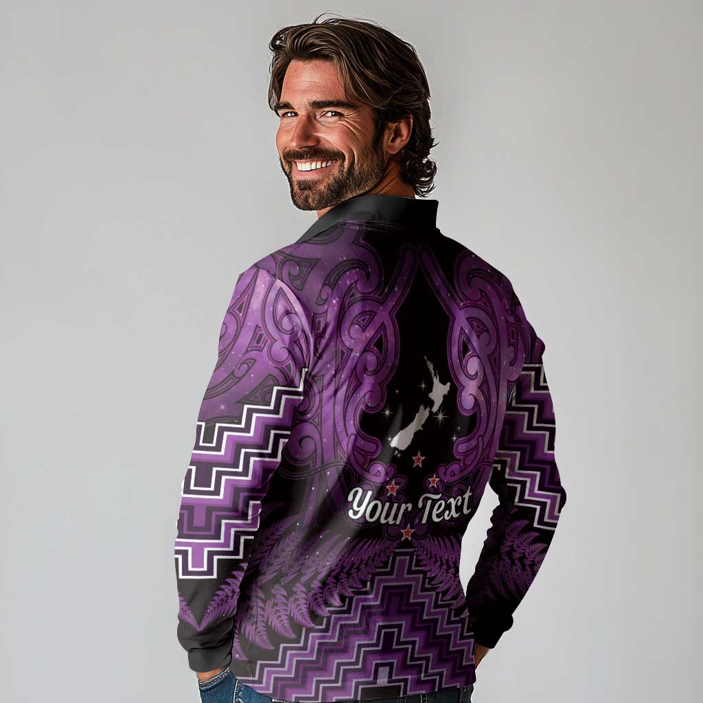 Personalised Aotearoa Matariki Long Sleeve Polo Shirt Purple Fern Maori Poutama