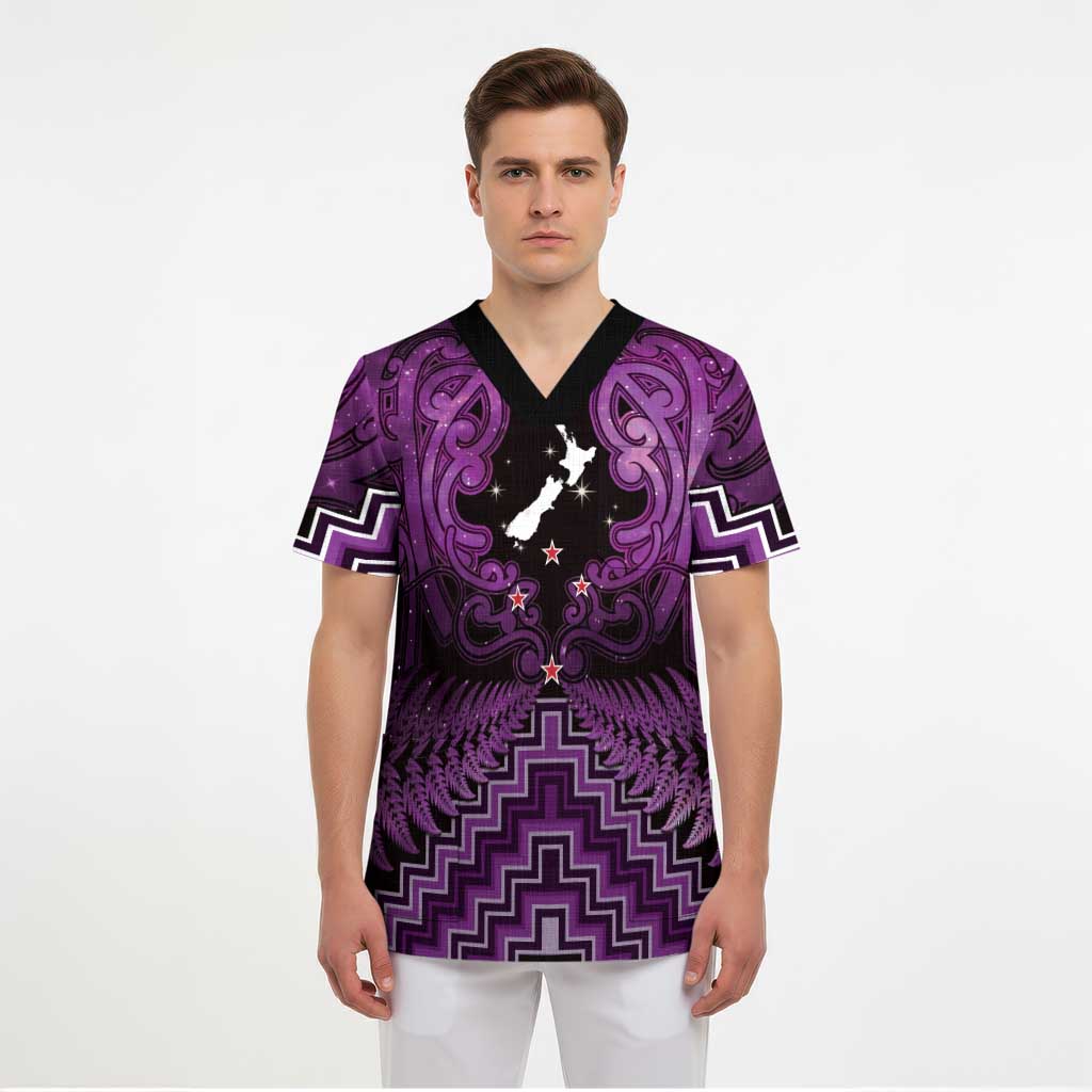 Personalised Aotearoa Matariki Scrub Top Purple Fern Maori Poutama - Polynesian Pride