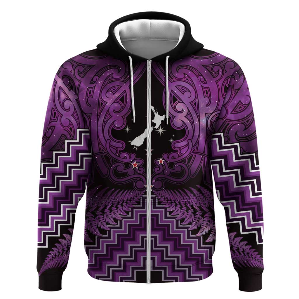 Personalised Aotearoa Matariki Zip Hoodie Purple Fern Maori Poutama