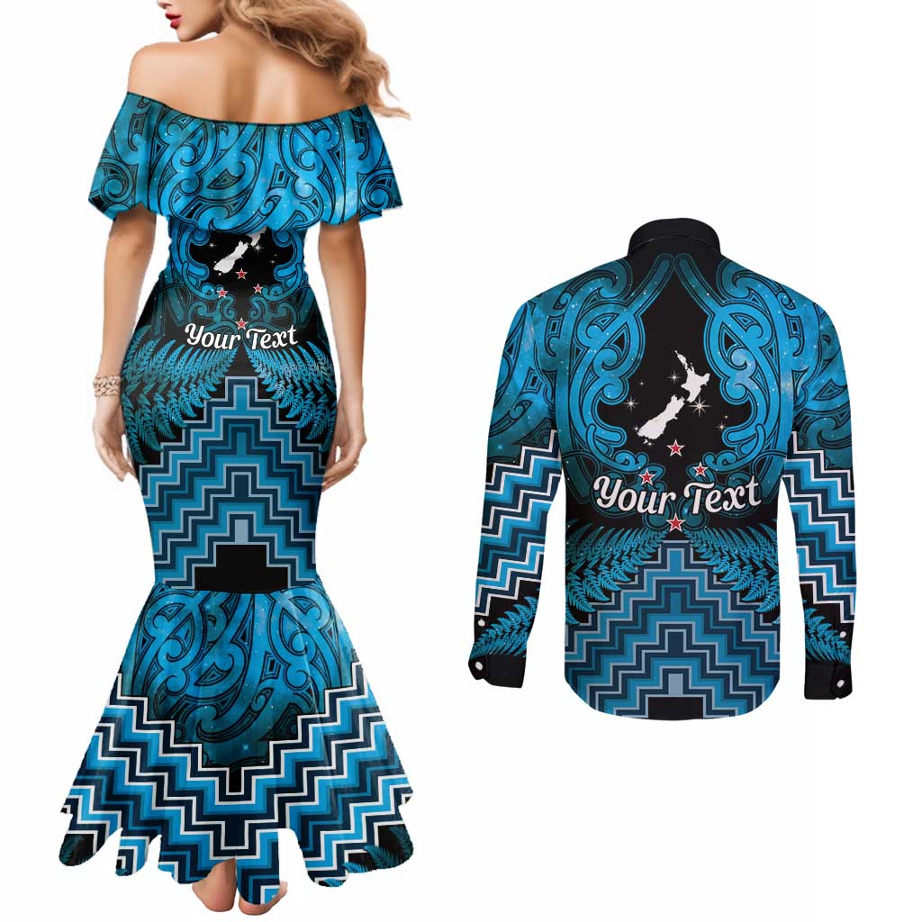 Personalised Aotearoa Matariki Couples Matching Mermaid Dress and Long Sleeve Button Shirt Turquoise Fern Maori Poutama