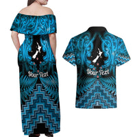 Personalised Aotearoa Matariki Couples Matching Off Shoulder Maxi Dress and Hawaiian Shirt Turquoise Fern Maori Poutama