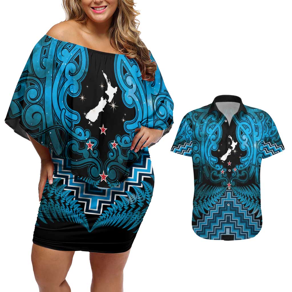 Personalised Aotearoa Matariki Couples Matching Off Shoulder Short Dress and Hawaiian Shirt Turquoise Fern Maori Poutama