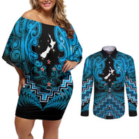Personalised Aotearoa Matariki Couples Matching Off Shoulder Short Dress and Long Sleeve Button Shirt Turquoise Fern Maori Poutama
