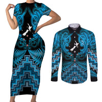 Personalised Aotearoa Matariki Couples Matching Short Sleeve Bodycon Dress and Long Sleeve Button Shirt Turquoise Fern Maori Poutama