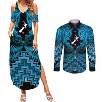 Personalised Aotearoa Matariki Couples Matching Summer Maxi Dress and Long Sleeve Button Shirt Turquoise Fern Maori Poutama