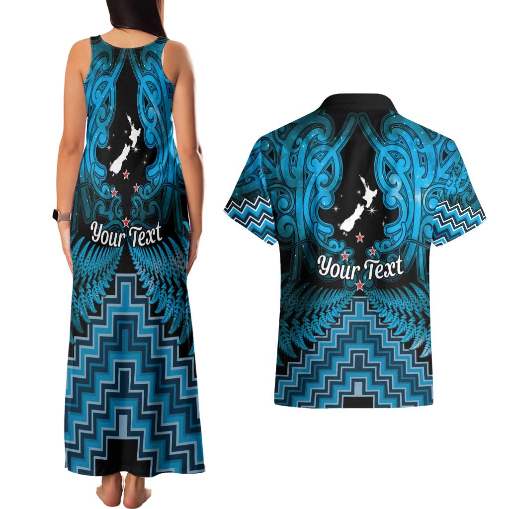 Personalised Aotearoa Matariki Couples Matching Tank Maxi Dress and Hawaiian Shirt Turquoise Fern Maori Poutama