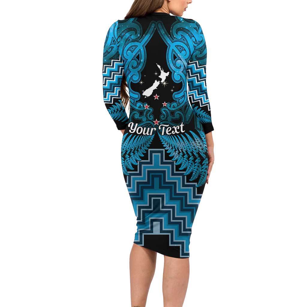 Personalised Aotearoa Matariki Family Matching Long Sleeve Bodycon Dress and Hawaiian Shirt Turquoise Fern Maori Poutama