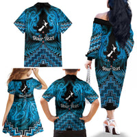 Personalised Aotearoa Matariki Family Matching Off The Shoulder Long Sleeve Dress and Hawaiian Shirt Turquoise Fern Maori Poutama
