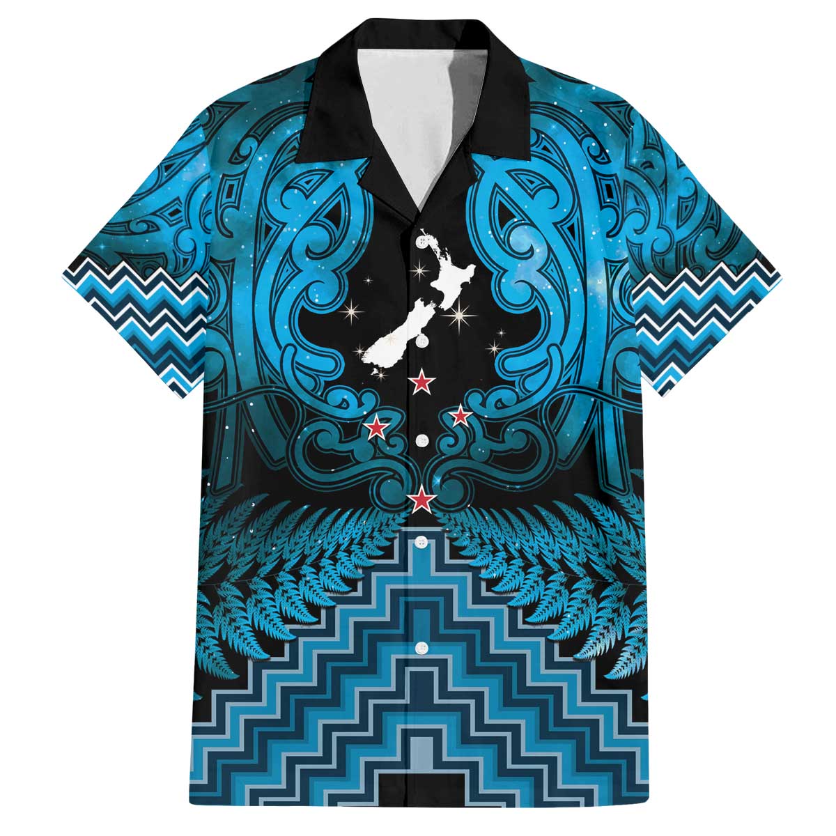 Personalised Aotearoa Matariki Family Matching Off The Shoulder Long Sleeve Dress and Hawaiian Shirt Turquoise Fern Maori Poutama