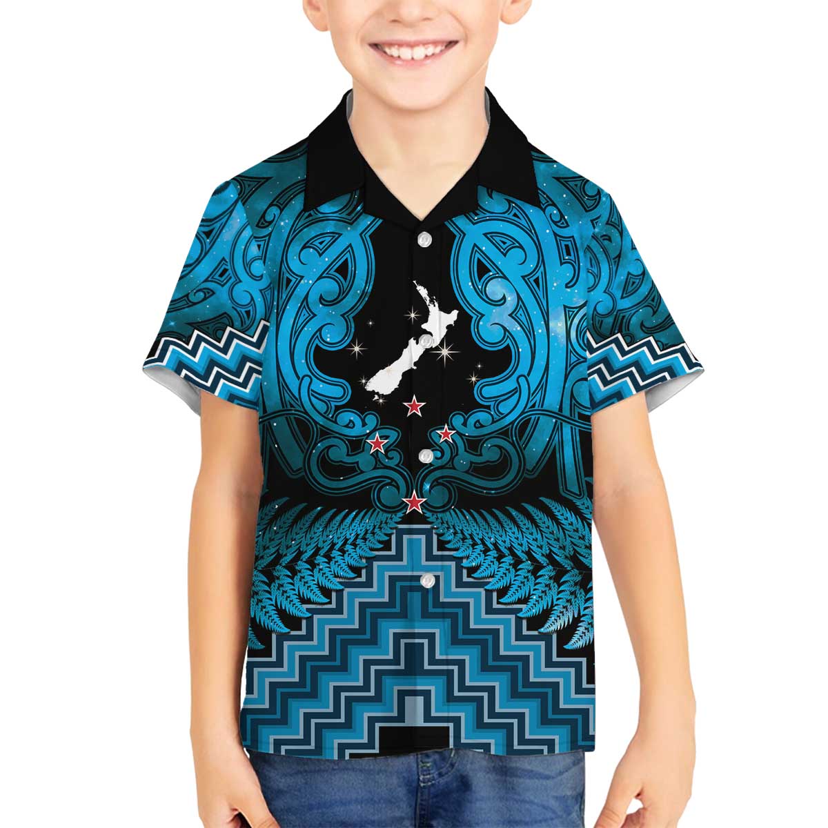Personalised Aotearoa Matariki Family Matching Off The Shoulder Long Sleeve Dress and Hawaiian Shirt Turquoise Fern Maori Poutama