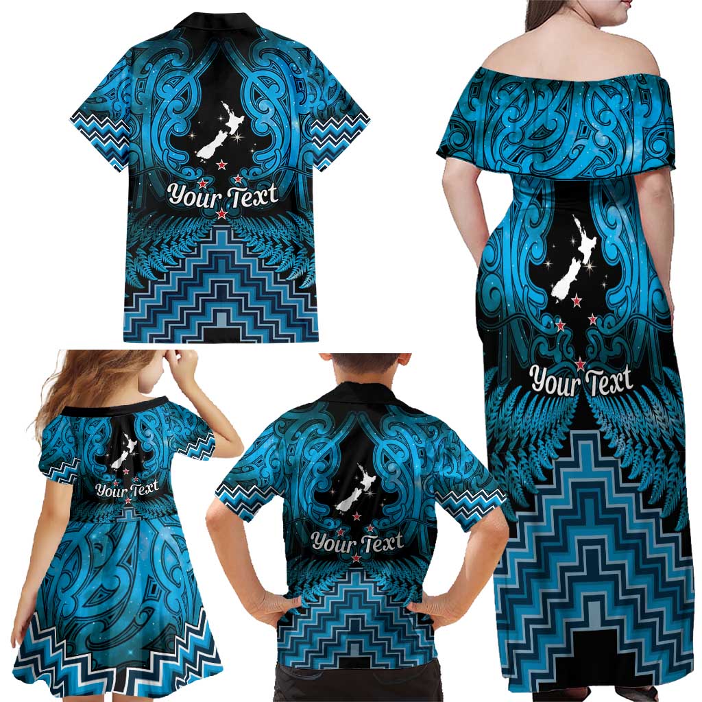 Personalised Aotearoa Matariki Family Matching Off Shoulder Maxi Dress and Hawaiian Shirt Turquoise Fern Maori Poutama