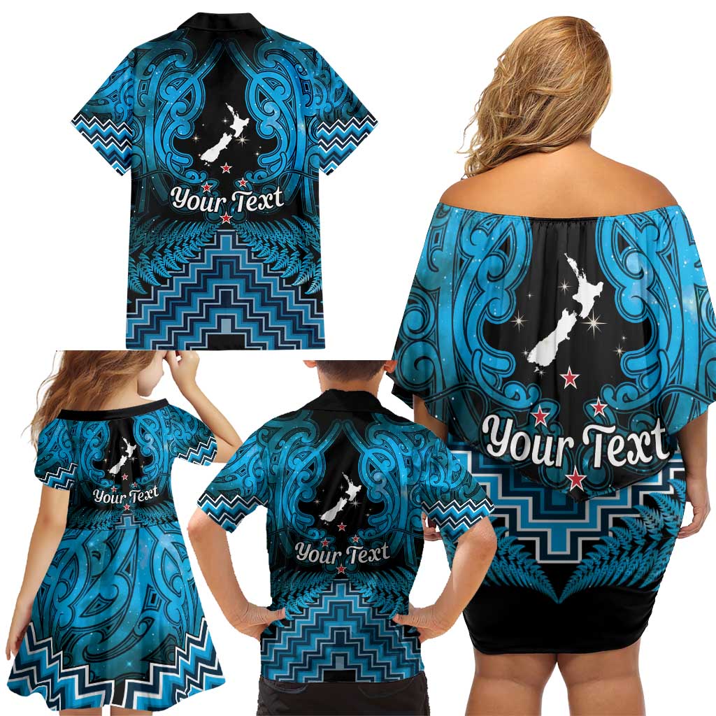 Personalised Aotearoa Matariki Family Matching Off Shoulder Short Dress and Hawaiian Shirt Turquoise Fern Maori Poutama