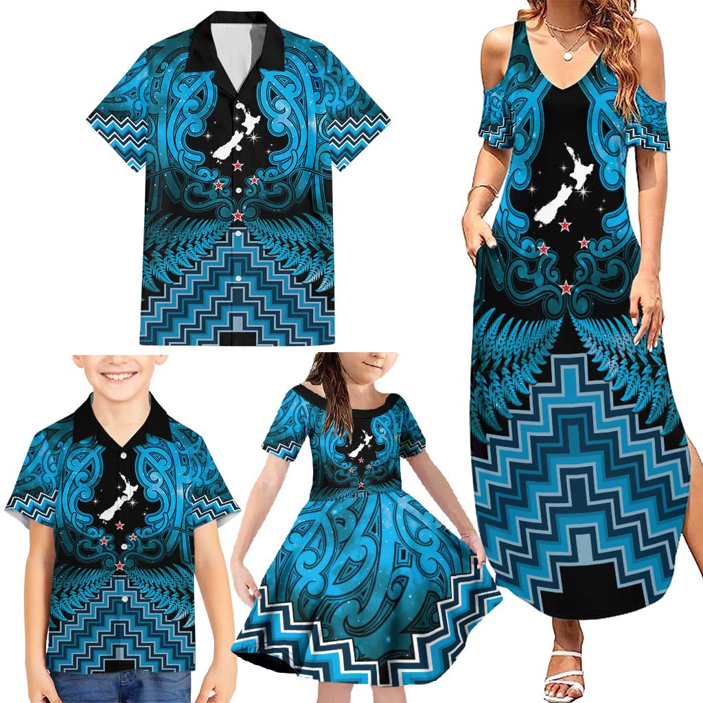 Personalised Aotearoa Matariki Family Matching Summer Maxi Dress and Hawaiian Shirt Turquoise Fern Maori Poutama
